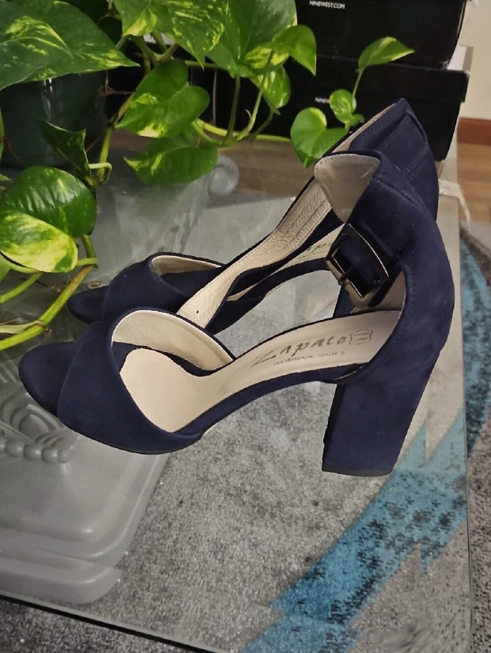 Women's Navy Suede Block Heel Sandals with Buckle Ankle Strap
